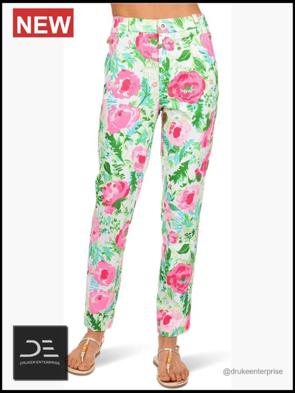 High-Rise Straight Ankle Pants with Floral Print, Stretch Cotton